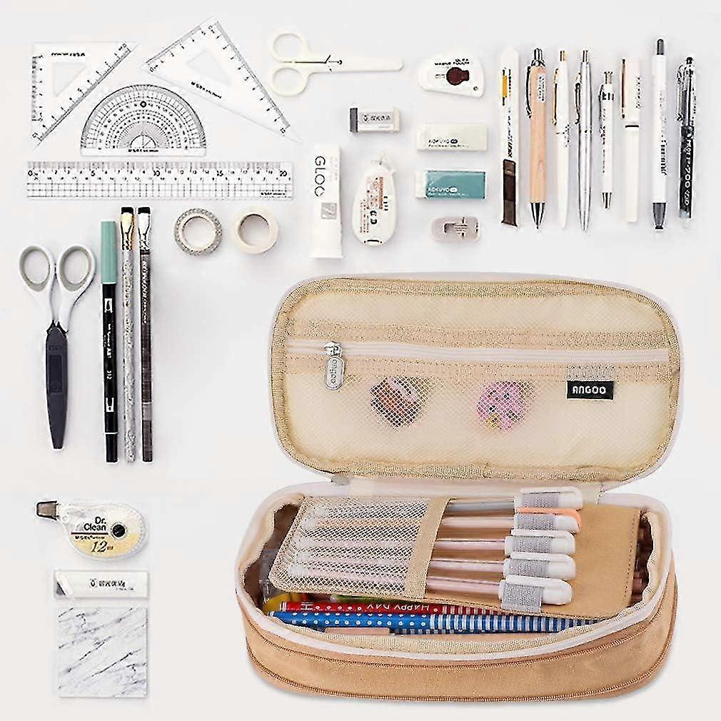 1pcs Large Capacity Pencil Case Scalable Canvas Pocket Pencil Case Solid Color Girls Boys (Khaki)