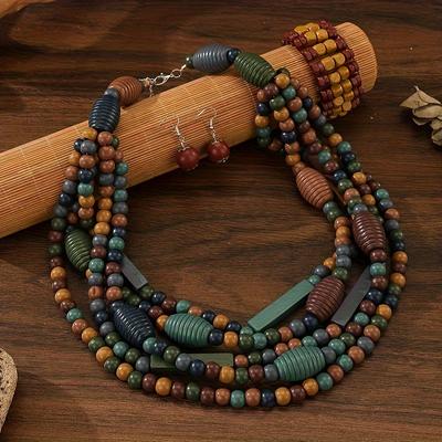 Boho Vintage Stijl Meerlaagse Houten Kralen Ketting, Armband en Oorbellen Set, Synthetische April Geboortesteen
