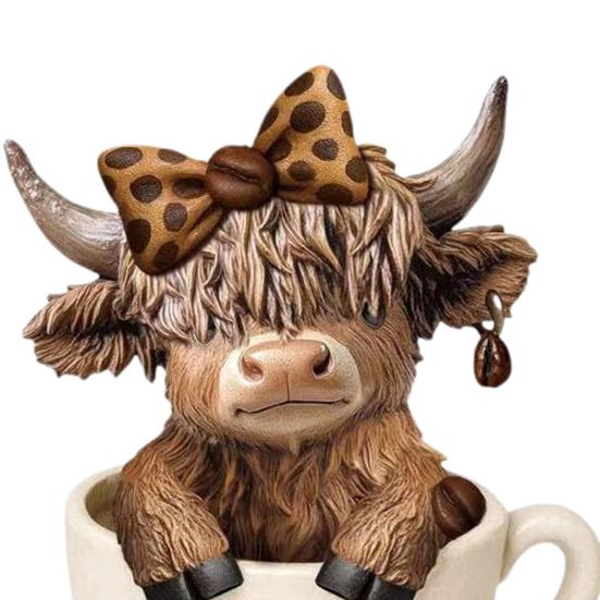 Yousheng 1/2Pcs Coffee Cup Highland Cow Figurine Coffee Bean Highland Cattle Resin Statue Sculpture Decoration Ornament Calf Lovers Gifts