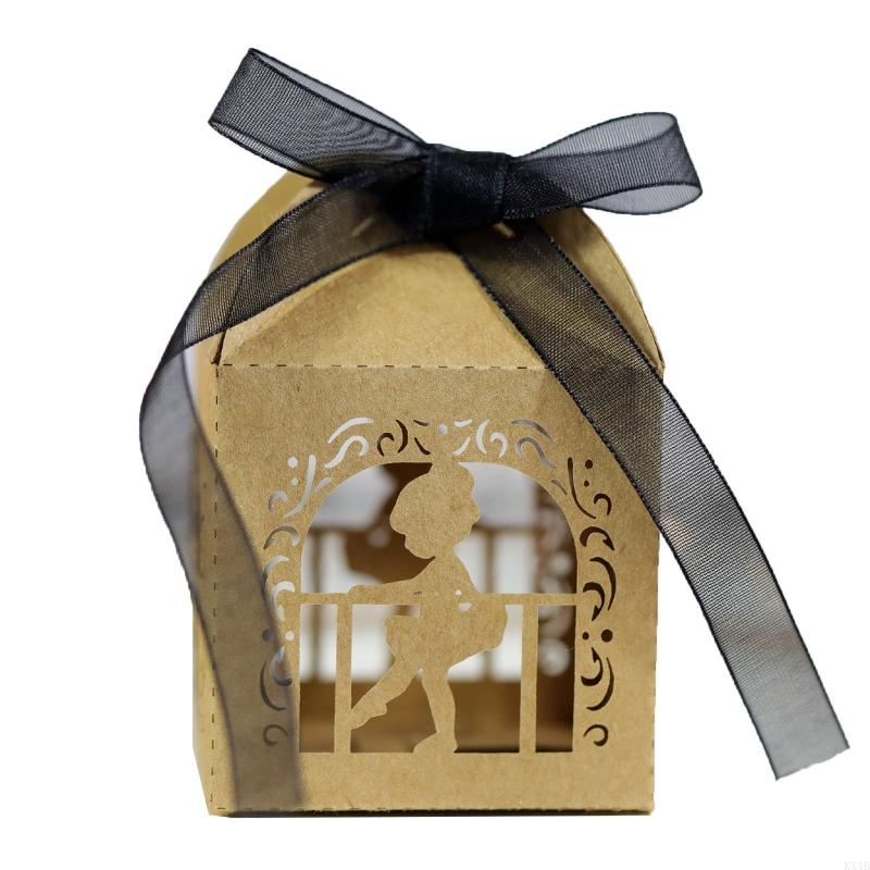 KX4B 100pcs Angel Dancing Pearl Paper Hollow Cut Favor Gift Candy Box Storage with Ribbon Decoration Baby Shower Wedding Party