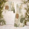 Women Plus Size Abstract Printed Beige Green Brown Two Piece Dress Set Round Neck Long Sleeve Cardigan Sleeveless Midi Dress