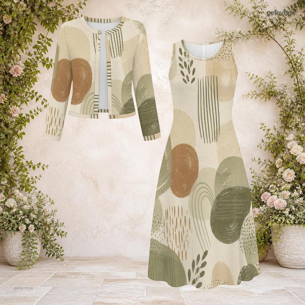 Women Plus Size Abstract Printed Beige Green Brown Two Piece Dress Set Round Neck Long Sleeve Cardigan Sleeveless Midi Dress