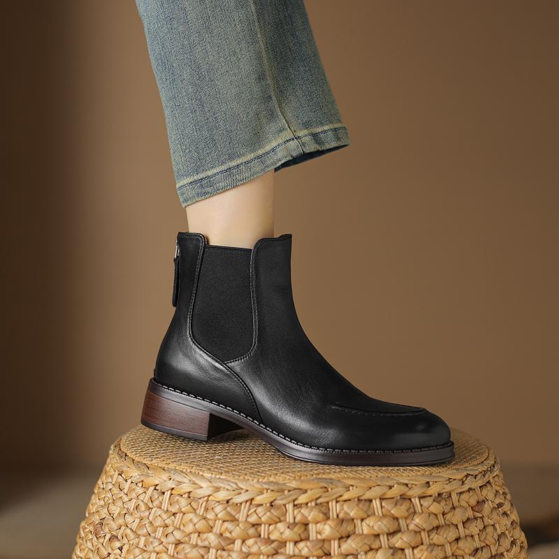 Vintage Office Lady Genuine Leather Women Ankle Boots Autumn Winter Retro Style Back Zipper Thick Heels Shoes Woman 2024 New