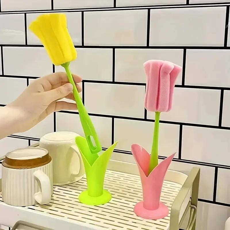 1pc Tulip Cup Brush with Detachable Sponge Head - Long Handle Bottle & Glass Cleaner, Durable Plastic, Ideal for Kitchen Use