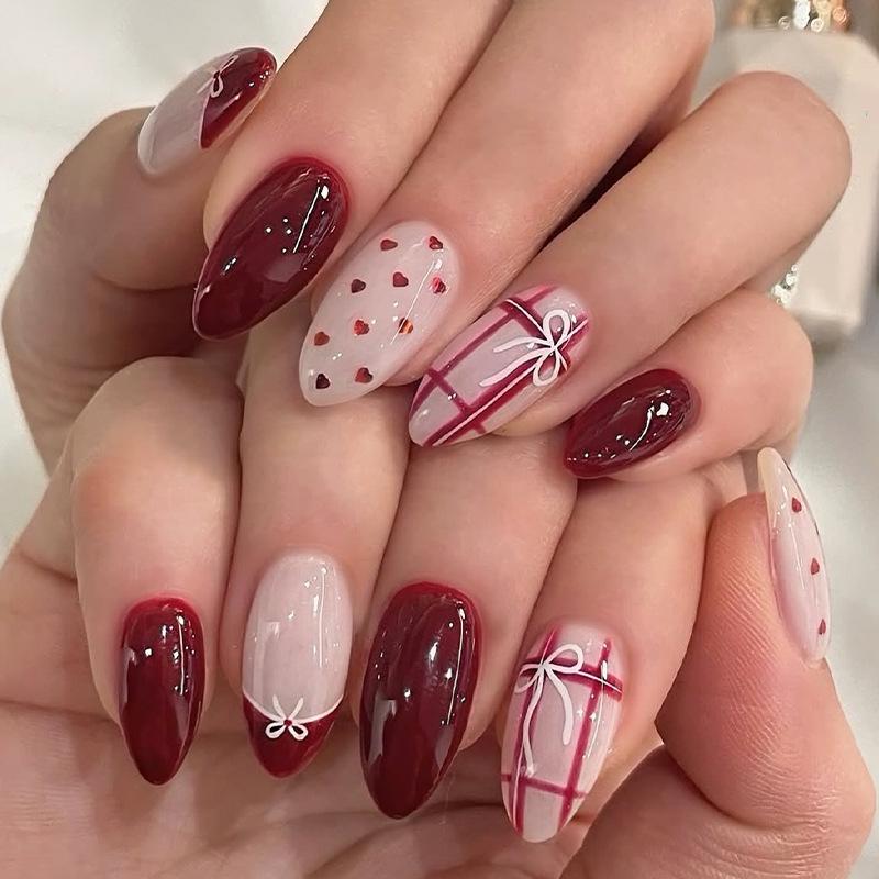 24pcs Almond Pink Heart Polka Dot Valentine s Wearable Nail Tips