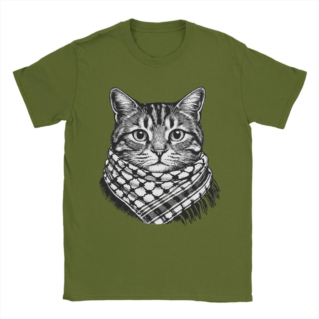 Cute Cat Wearing the Keffiyeh T-Shirts for Men Vintage Cotton Tee Shirt Crew Neck Short Sleeve T Shirt Plus Size Tops