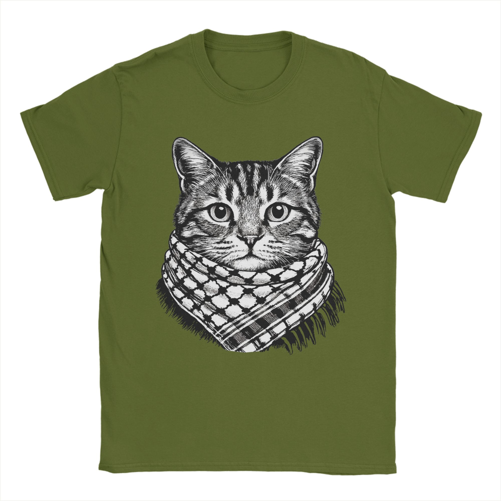 

Men s T-Shirt Cute Cat Wearing the Keffiyeh Unique Pure Cotton Tee Shirt Short Sleeve T Shirt Round Neck Clothes Summer 4XL