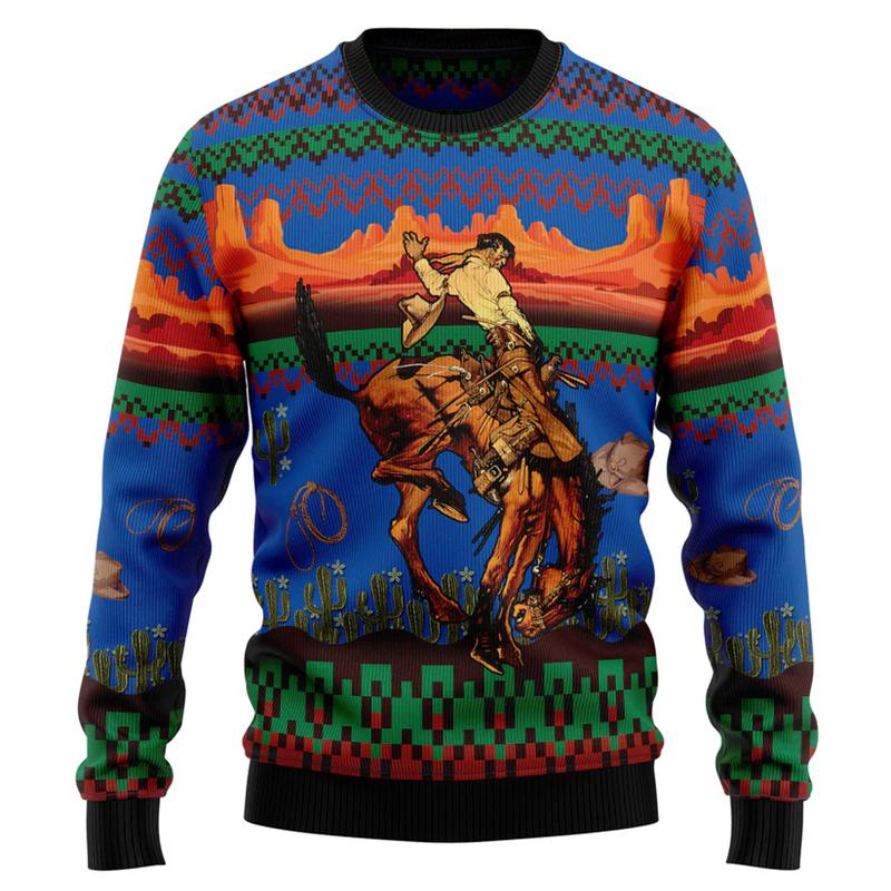 2026 Retro Cowboy Graphic Ugly Christmas Sweater For Men Autumn Vintage Crewneck 3D Printed Sweatshirt Loose Breathable Pullover