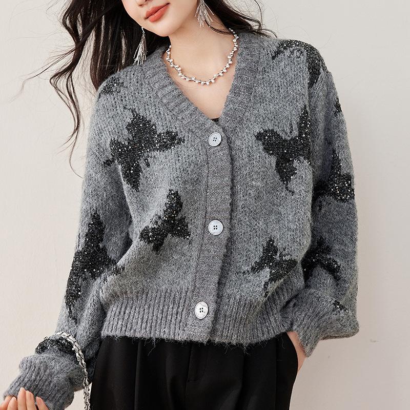Gray Knitted Cardigan Women's Autumn and Winter Loose Sweater Jacket New Style Royal Sister Cold Top