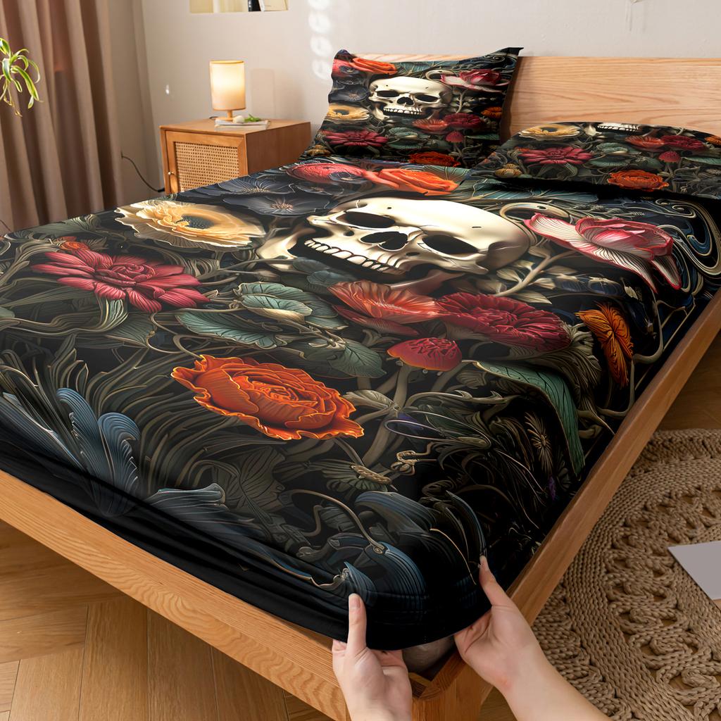 3-Piece Simple Modern Skull Animal Pattern Digital Printing Three Piece Fitted Sheet Set, Bedroom Printed Bed Cover Set, Bedding
