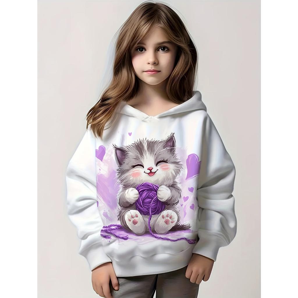 Kids Clothes Girl Hoodies Long Sleeve Cartoon 3D Cat Print Children Spring Fall Clothes Casual Cute Outdoor Girl Clothes Tops