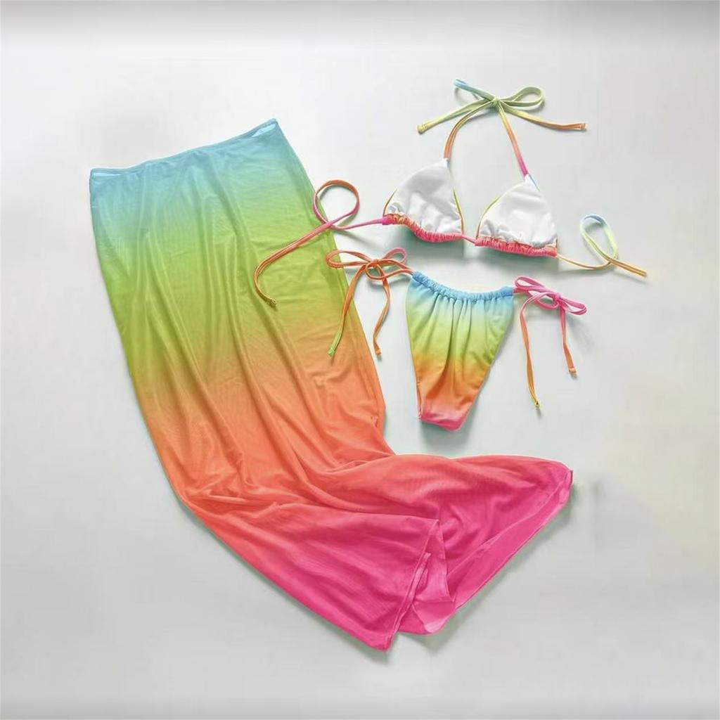 Conjunto de Biquíni Feminino de 3 Peças Maiô com Amarração nas Costas com Saia Cover-up Roupa de Banho de Duas Peças com Saia Envelope