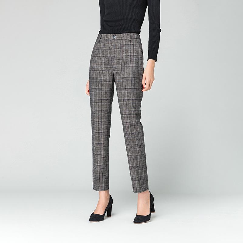 High-Waisted Wool Plaid Women's Pants - Autumn/Winter Straight Slim Suit Carrot Style