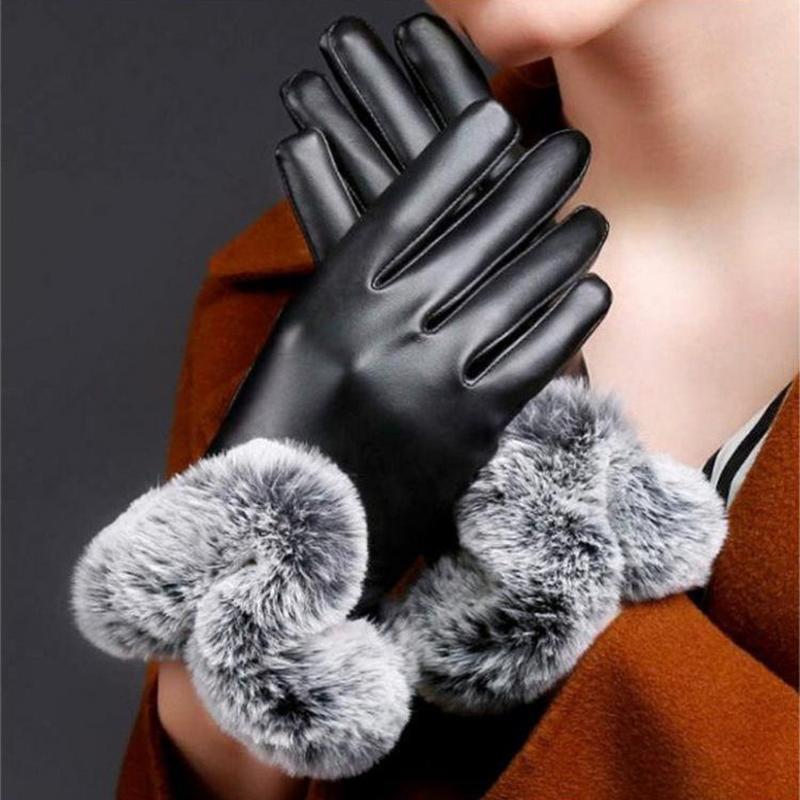 1 Pair Women Winter Warm Gloves Women Lady Black Pu Leather Gloves Autumn Winter Warm Rabbit Fur Mittens Warmth Warmer Mittens