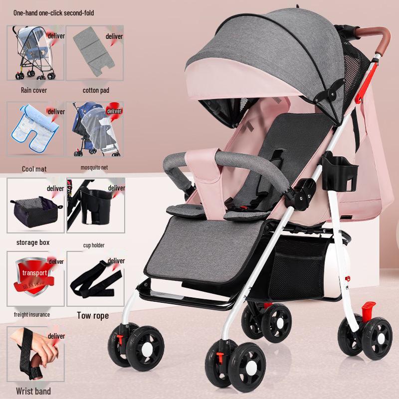 Lightweight Foldable Stroller: Sit or Lie Position, Four-Wheel Design, One-Key Fold for Kids and Babies.