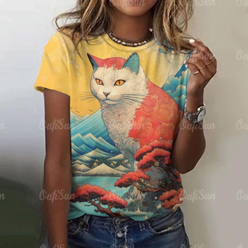 

Верхня жіноча модна жіноча блуза 2024 3d японський стиль Футболки з котячим принтом Футболки з круглим вирізом і короткими рукавами Жіночий одяг Футболки Y2k 4XL