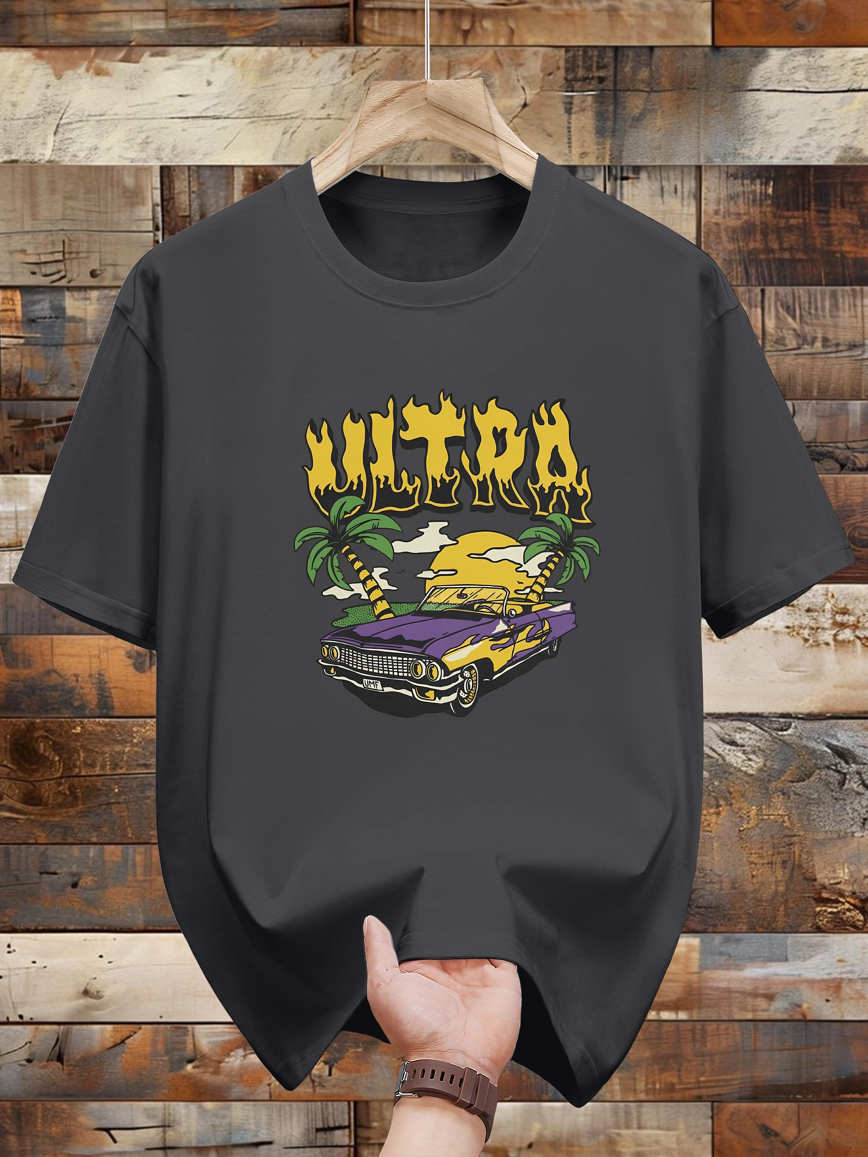 

Niuwang Selection 200g 100% Cotton Short Sleeve T-shirt - Black Casual Graphic Tee with Retro Car & Palm Tree Design S