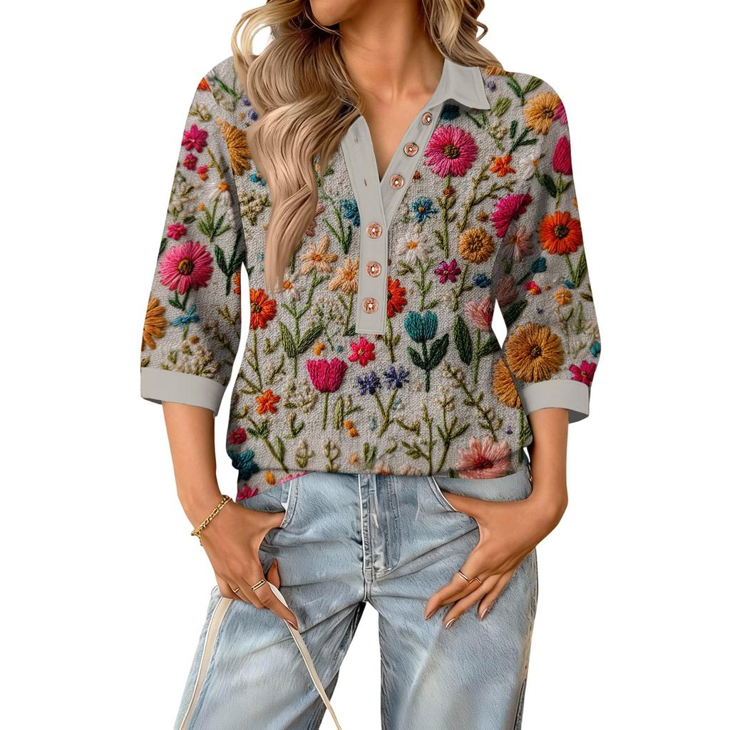 Damen modisches und lässiges Sommer V-Ausschnitt Patchwork Dreiviertelarm Blumenoberteil