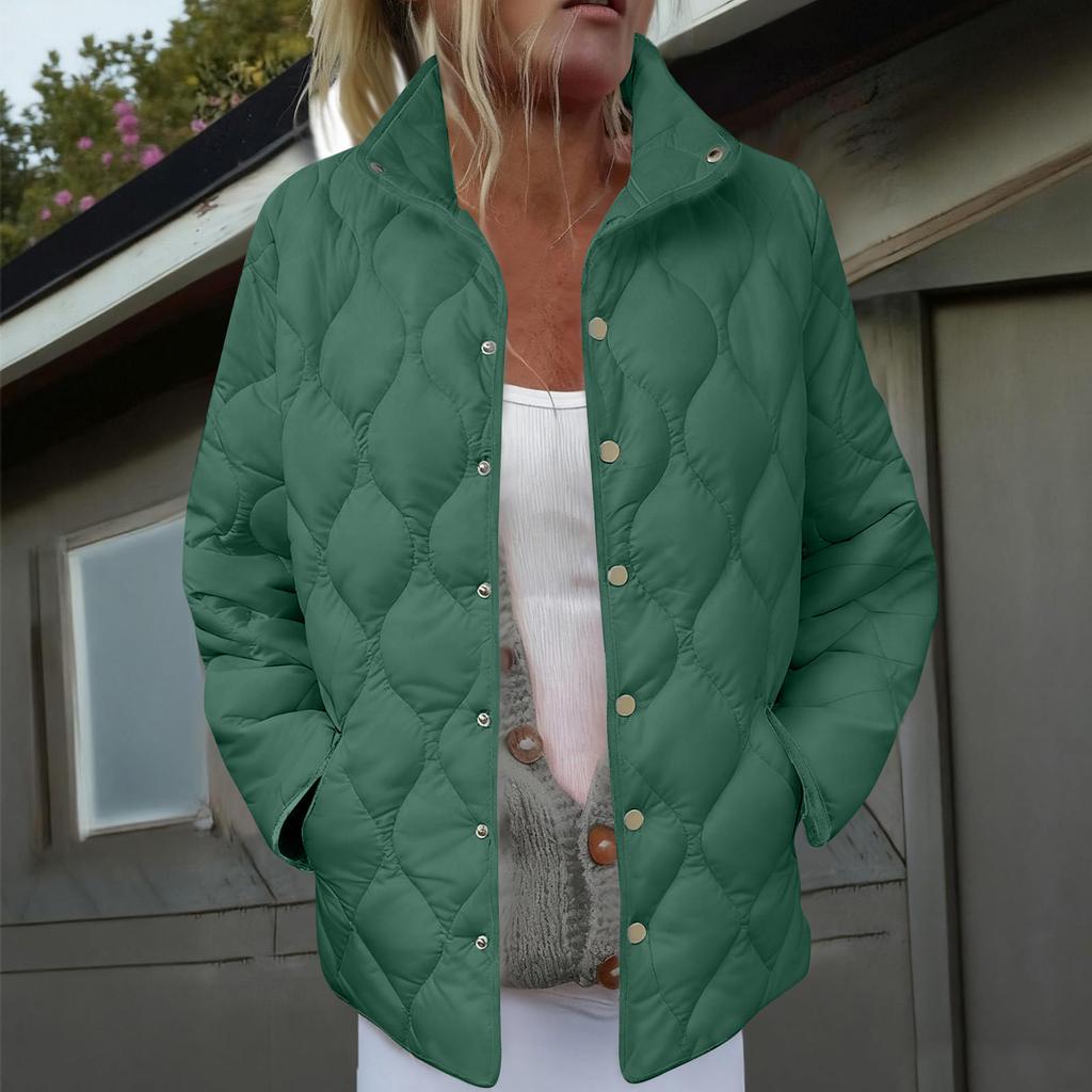 Women's Solid Color Stand-Up Collar Pleated Cotton Long Sleeve Button-Up Jacket