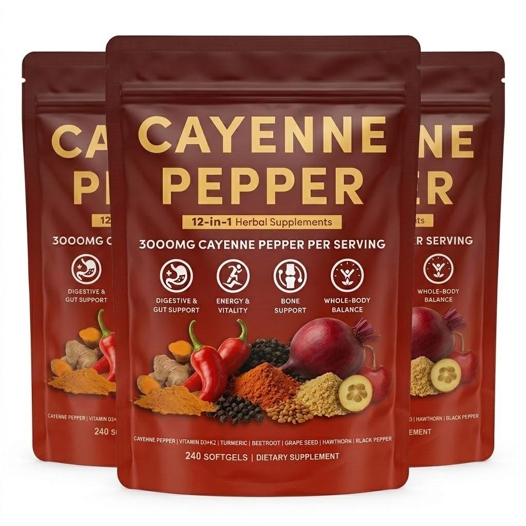 Formula Premium per il Supporto di Cuore e Vasi Sanguigni – Complesso di Peperoncino di Caienna con D3+K2, Curcuma e Berberina (240 Capsule Morbide, Miscela Erboristica 12-in-1)