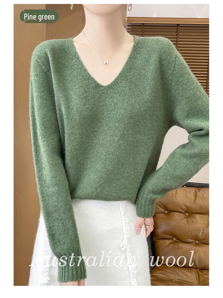 Minimalist 100% Wool V-Neck Sweater: Seamless, Solid Color, Long Sleeve, New Women's Knit