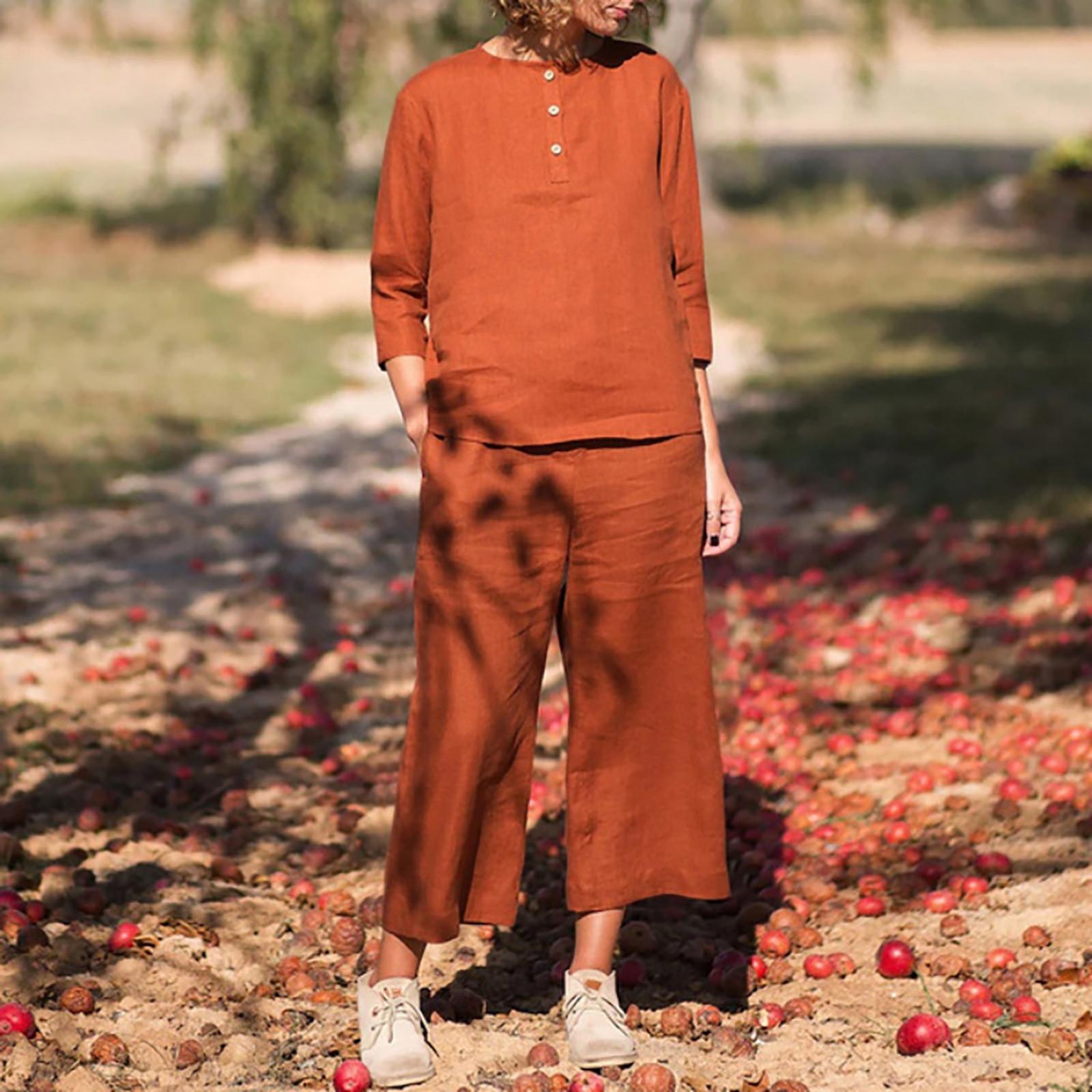 

Fashion Women s Casual Button Mid Sleeve Pocket Color Cotton O Neck Top Pants Set M помаранчевий