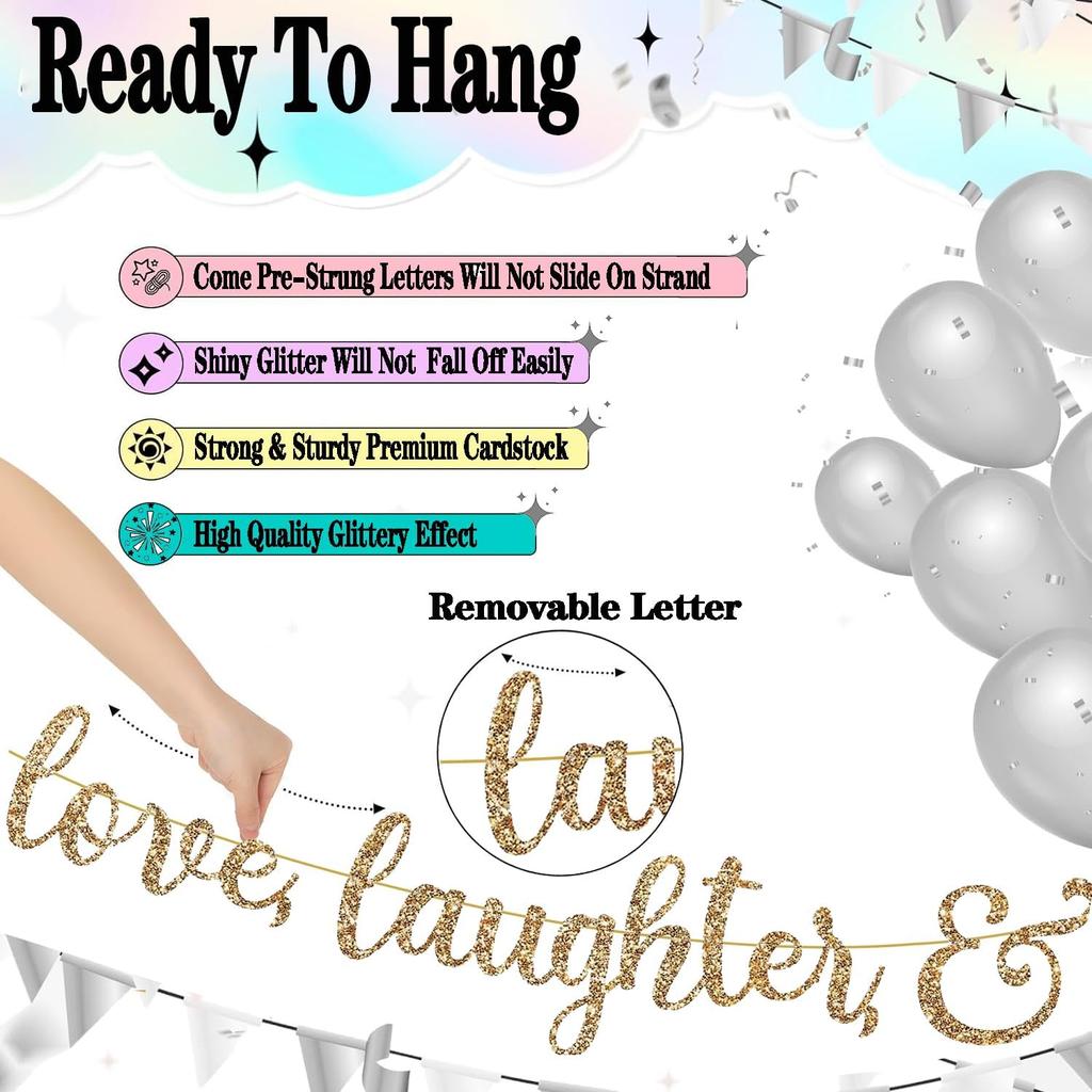 Vorgespanntes Love Laughter & Happily Ever After Banner für Hochzeitsfeier Dekorationen, Gold Glitzer Banner Schild mit 13FT Herz Streamer Girlande für