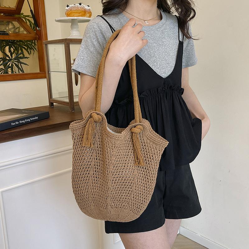 

Вязаная ажурная сумка-тоут большой вместимости женская летняя новая модная соломенная сумка через плечо для отдыха на пляже женская сумка хаки