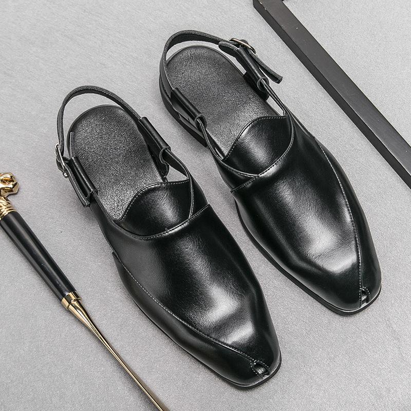 Spring and Autumn Large Size Men's Shoes with Leather Sneakers with Buckles Fashionable British Heelless Leather Sandals