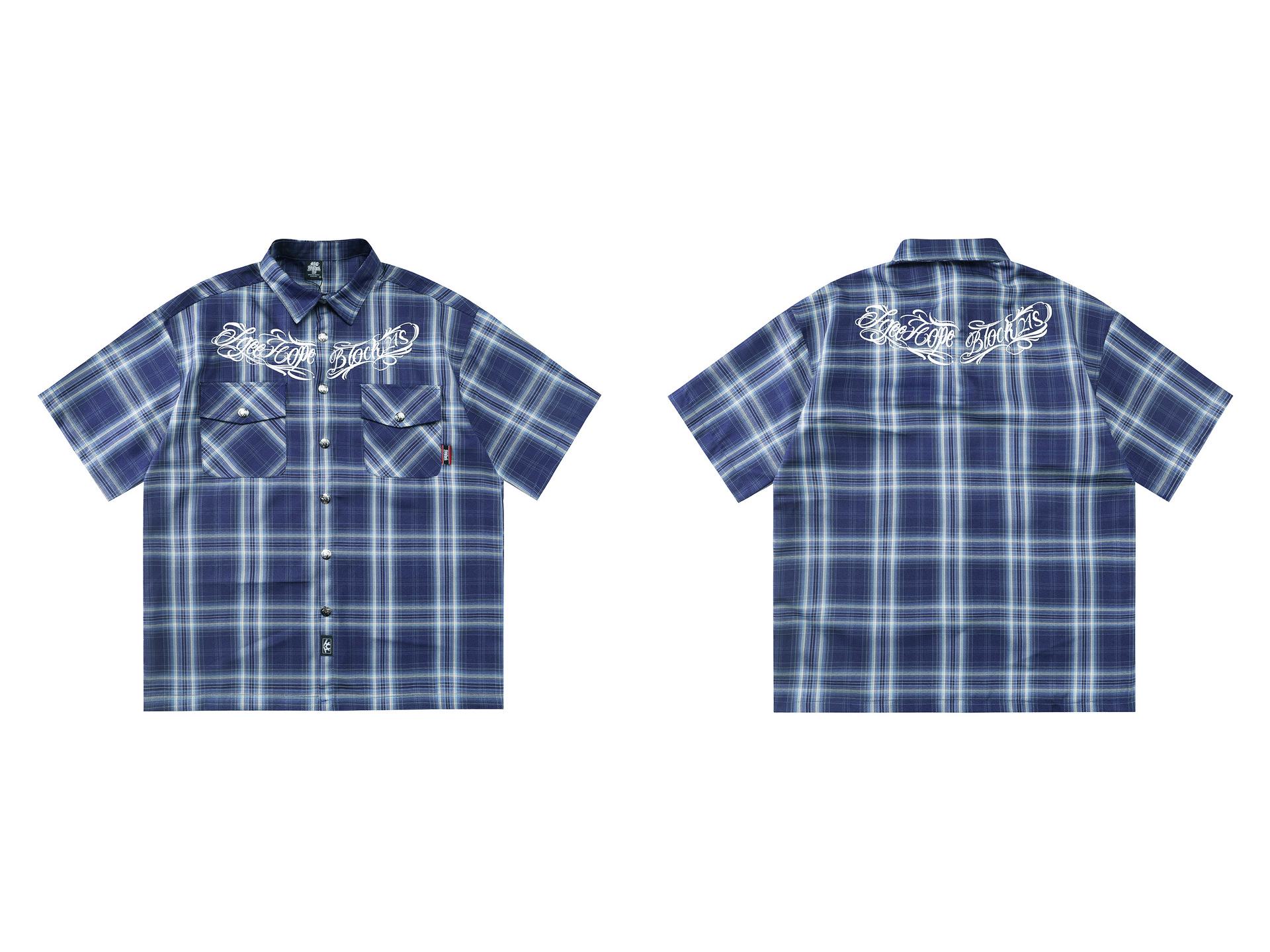 

Рубашка для рабочей одежды в клетку с вышивкой в стиле чикано-гангстеров Западного побережья Large синий