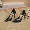Heels for Ladies Thin Heel Pointed Metal Toe High Heels Women's Hollow Solid Color Patent Leather Commuter Work Shoes Women