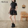 Plus Size Verão Feminino Streetwear Preto Denim Shorts Cintura Alta Casual Solto Perna Larga Rebite Shorts Elegante Buracos Shorts Com Cinto
