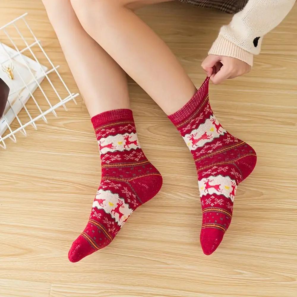 5/10 Pairs Autumn/Winter Thick Reindeer Printed Women Mid Tube Socks Warm Comfortable Suitable as Christmas Gifts Casual Socks