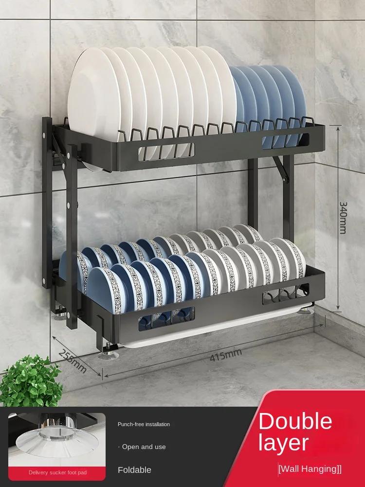 Wall Mounted Dish Drying Rack, Stainless Steel Hanging Bowls Drainer with Cutlery Holder, Drainboard, Plates Cups Storage Shelf