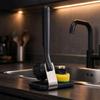 Handheld Dish Brush with Press-to-Dispense Soap Delivery, Flexible Pad, Fiber Brush Attachment, and Standing Base for Kitchen Cleaning