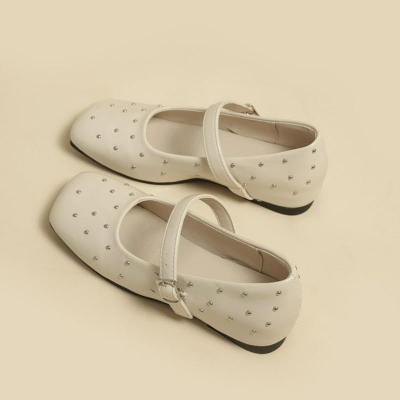 Fashion Flat Shoes Spring New Style Square Head Shallow Mouth Rivet Line with Soft Sole Anti-slip Wear-resistant Single Shoes