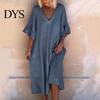 V Neck Midi Dress Summer Women Ruffle Patchwork Cuffs Loose Solid Color A-line Big Swing Half Horn Sleeves Casual Pullover Daily Wear Ruffled