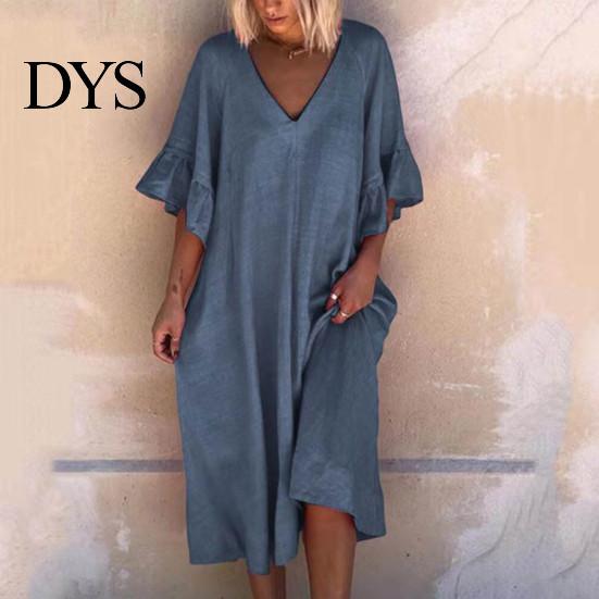 V Neck Midi Dress Summer Women Ruffle Patchwork Cuffs Loose Solid Color A-line Big Swing Half Horn Sleeves Casual Pullover Daily Wear Ruffled
