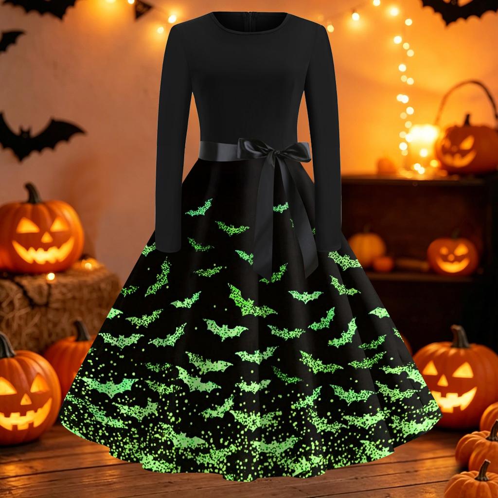 Women's Vintage Halloween Print Round Neck Casual Dress for Everyday Wear
