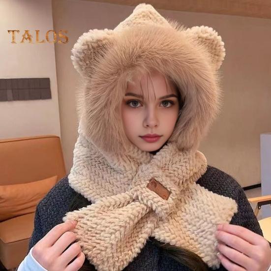 Women Winter Integrated Hat And Scarf Thick Fleece Warm Cartoon Fox Ear Decor Windproof Full Protection Outdoor Travel Cold Weather Snowboarding