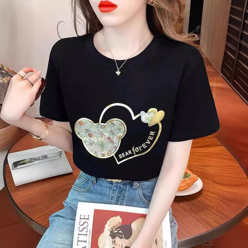 Korean Style Women's Loose-Fit Hot Stamping Short Sleeve T-shirt, Spring/Summer 2023 Fashion Design
