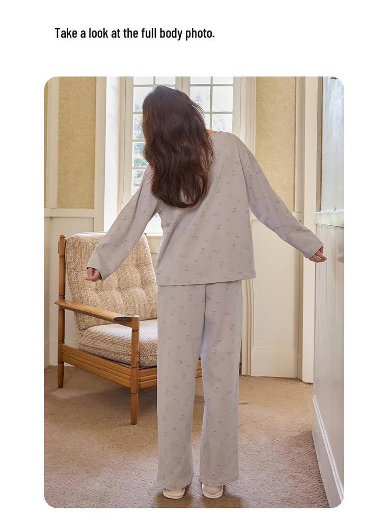 Women's V-Neck Cotton Cardigan with Chest Pads - Long Sleeve, Sweet Cartoon Design for Home or Casual Wear in Spring and Autumn.