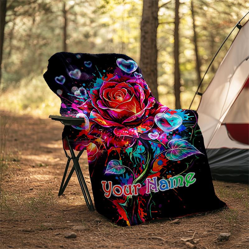 1PC Custom Name Colorful Rose Fantasy Flannel Blanket Versatile,all-season Throw Suitable for the Living Room,bedroom,camping,travel,and Gift