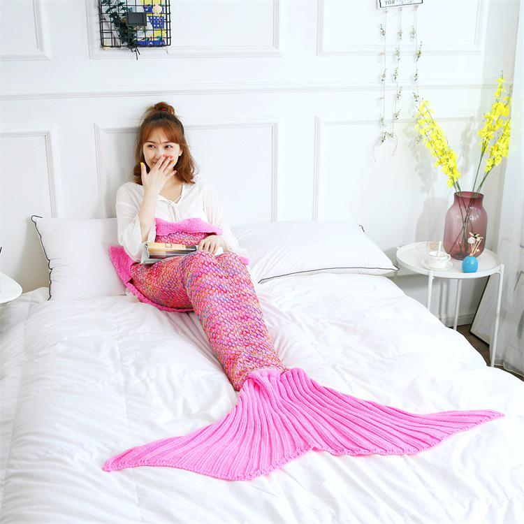 Summer Plaid Mermaid Tail Knit Blanket for Office & Nap