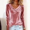European & American 2025 Fashion Women's Solid Color Velvet Swing Collar Long Sleeve T-shirt