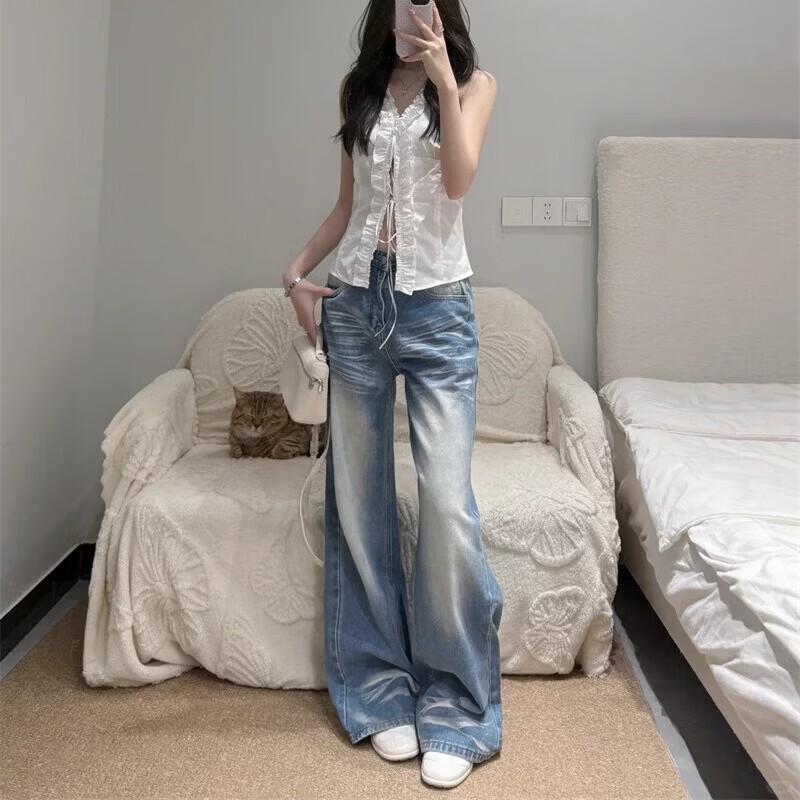 Petite American Style Pleated Wide-Leg Denim Trousers S