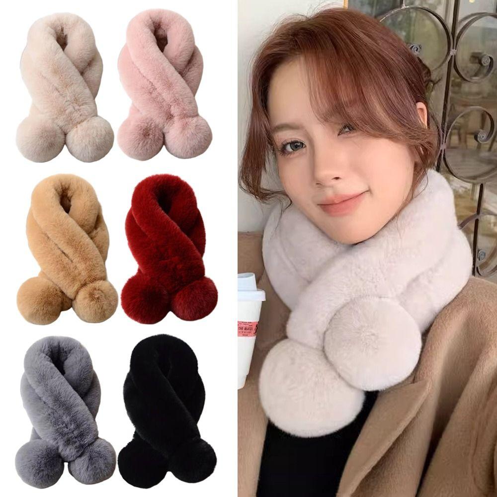Fluffy Pompoms Warm Cross Scarf Faux Rabbit Fur Winter Neck Scarf Neck Protection Thicken Neckerchief Wrap For Women Girls