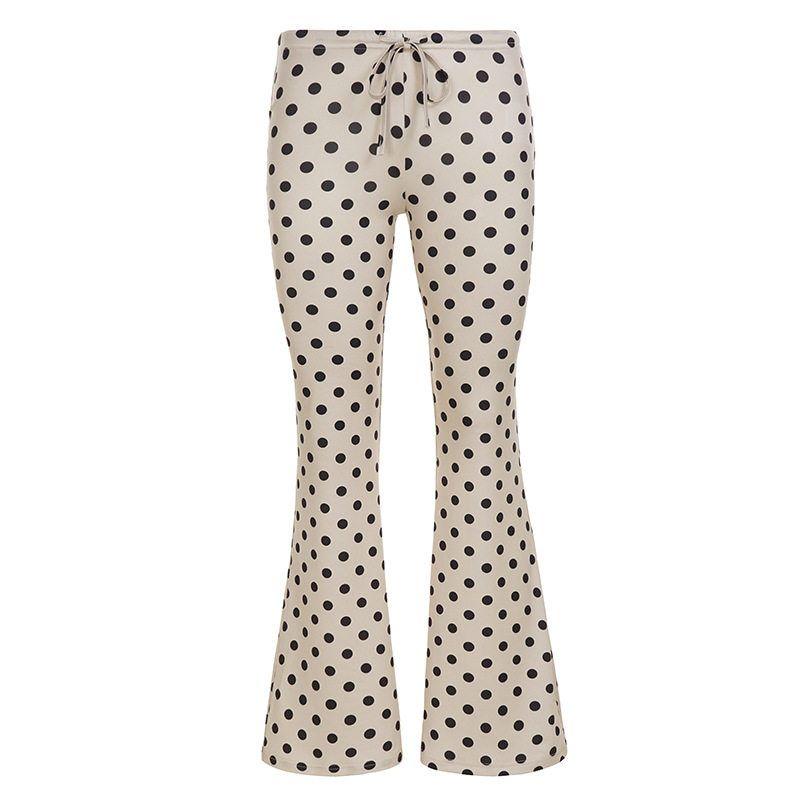 Gentle Retro Elastic Waist Tie Polka Dot Flared Pants 2025 Autumn New Slim Fit Low Waist Slimming Casual Trousers Khaki S