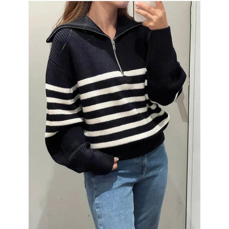 

Autumn and winter women s new open-neck knitted sweater retro striped loose commuter zipper large lapel pullover sweater S чёрный