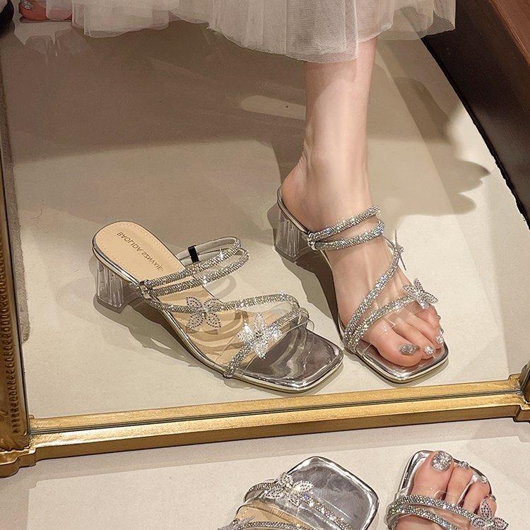 

French transparent fairy wind cool slippers 2025 summer new wear thick heel fashion versatile bow sandals woman 35 серебряный